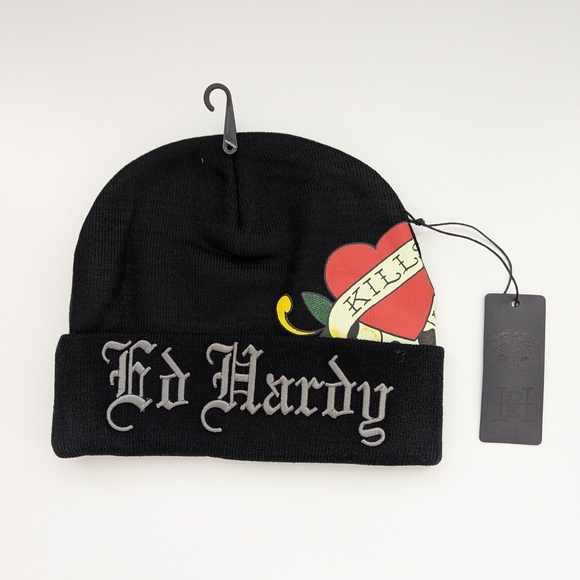 NWT Ed Hardy Adult Black "Love Kills Slowly" Skull Beanie/Chook/Tuque - Picture 1 of 9